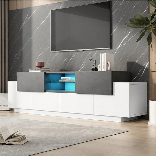 LED TV Schrank, TV-Kommode, Lowboard, Modernes TV-Unterhaltungszentrum mit Glasböden für Wohnzimmer, Schlafzimmer, TV-Konsole mit Lagerung, Gaming Media Cabinet für 80/75/70/65/55 Zoll TVs Weiß+Grau