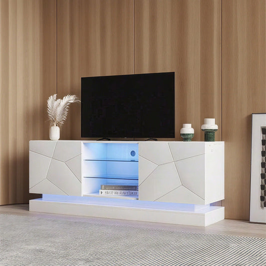Weißer mattierter TV-Ständer - 1,6 Meter Länge, Verstellbare Glasablage, 70 Zoll Platz, Stilvolle Aufbewahrung mit Silent Hinges