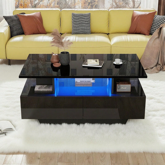 Modernes Hochglanz-Couchtisch mit LED-Beleuchtung und 2 Schubladen – Stilvoller 90x55x41 cm Beistelltisch mit Stauraum, Belastbar bis 30 kg