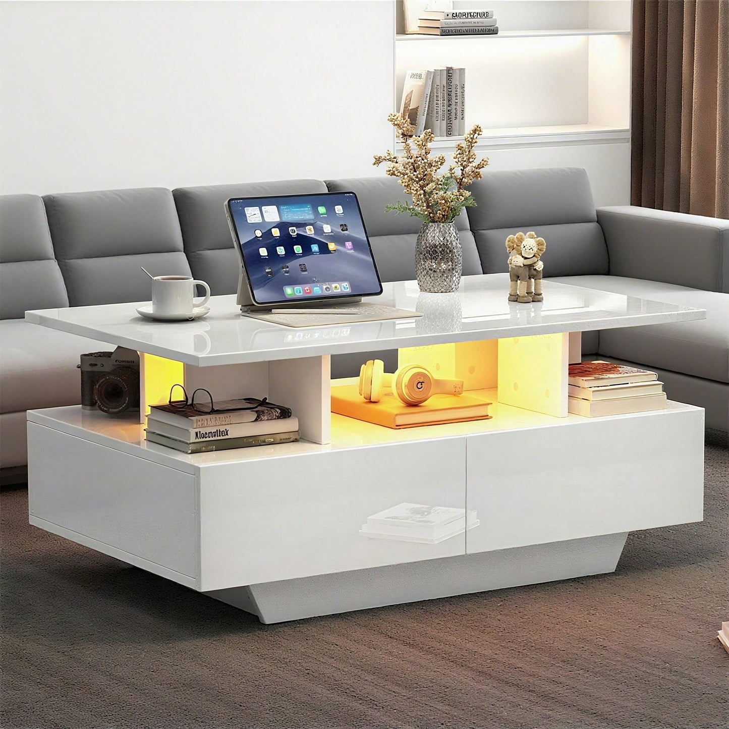 Modernes Hochglanz-Couchtisch mit LED-Beleuchtung und 2 Schubladen – Stilvoller 90x55x41 cm Beistelltisch mit Stauraum, Belastbar bis 30 kg