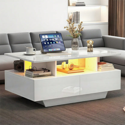 Modernes Hochglanz-Couchtisch mit LED-Beleuchtung und 2 Schubladen – Stilvoller 90x55x41 cm Beistelltisch mit Stauraum, Belastbar bis 30 kg