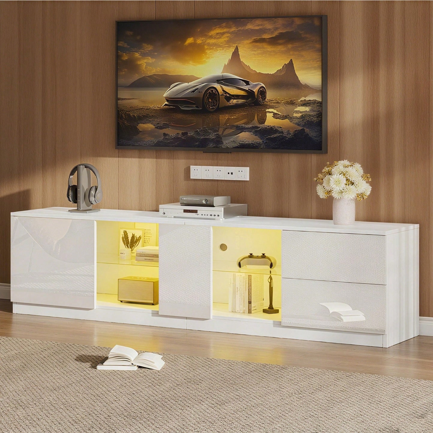 160 x 40 x 52 cm TV-Ständer, Hochglanz-Kommode, Sideboards mit LED-Beleuchtung, Lowboards passend für 65" Fernseher, geeignet für Wohnzimmer und Schlafzimmer