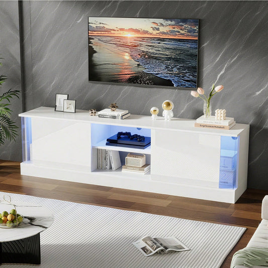 Weißer Hochglanz-TV-Schrank, geeignet für Fernseher bis 70 Zoll, bodenstehender TV-Ständer, Wohnzimmer-TV-Schrank mit LED-Aufbewahrungsfunktion