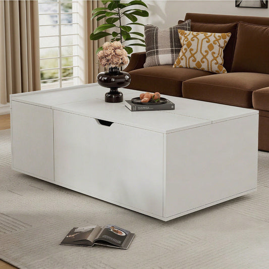 Moderner multifunktionaler weißer Lift-up-Couchtisch mit Schubladen und Schiebetüren, flexibler Raum, geeignet für eine Vielzahl von Wohnstilen