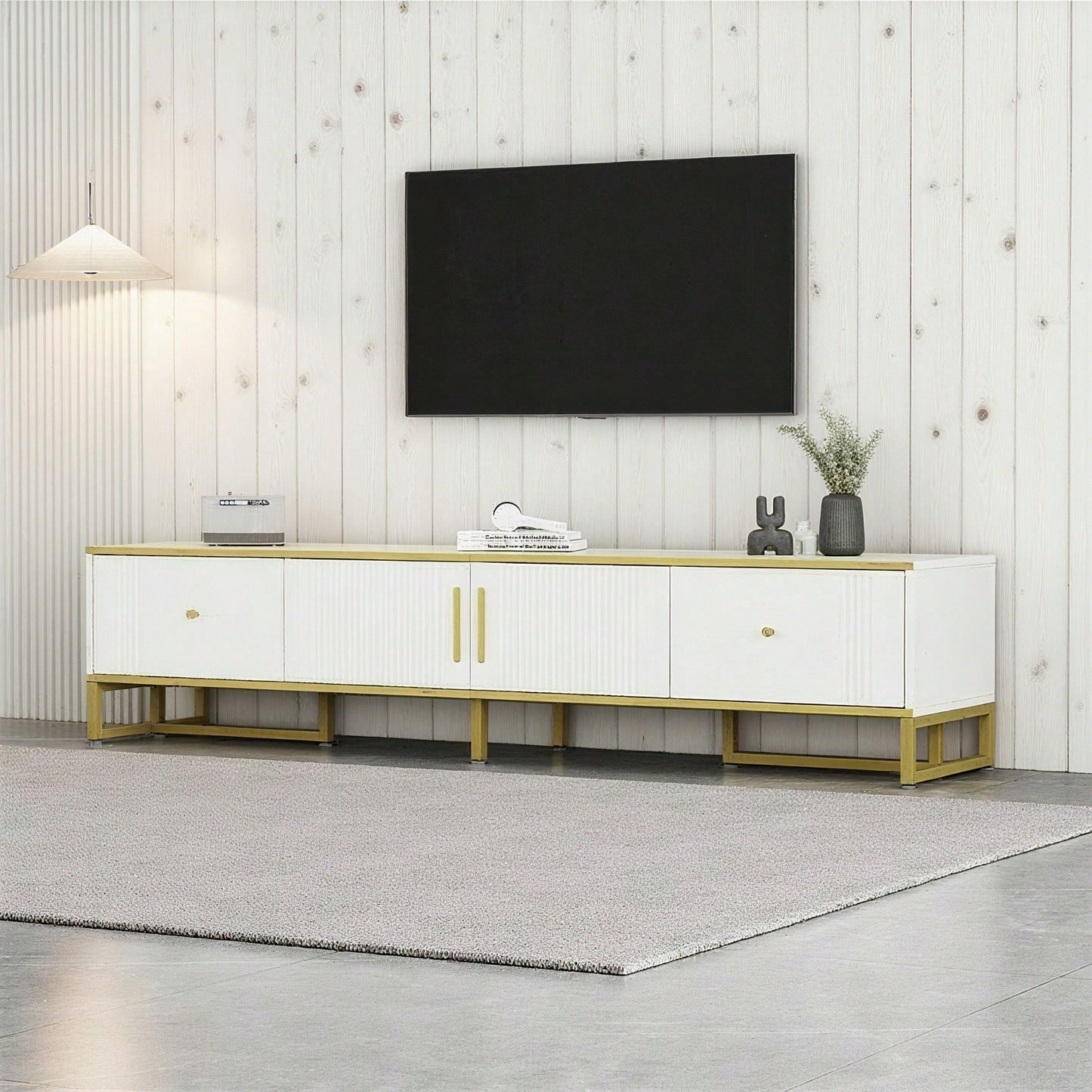 Eleganter weißer TV-Schrank, 180x40x40 cm, mit goldener Umrandung, 2 Türen, 2 Schubladen, verstellbaren Füßen und Kabelmanagement – ideal für 80-Zoll-Fernseher