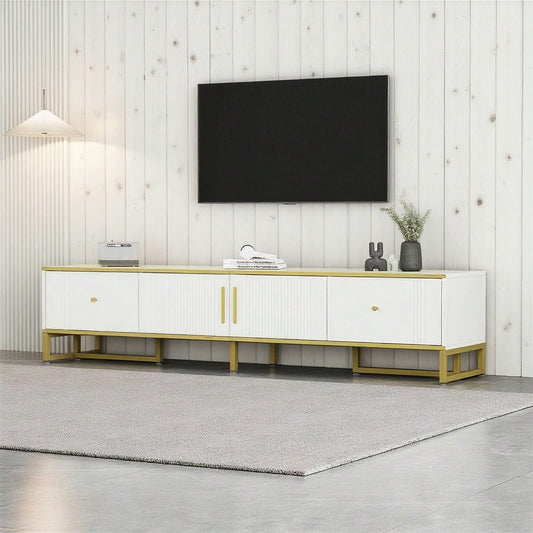 Eleganter weißer TV-Schrank, 180x40x40 cm, mit goldener Umrandung, 2 Türen, 2 Schubladen, verstellbaren Füßen und Kabelmanagement – ideal für 80-Zoll-Fernseher