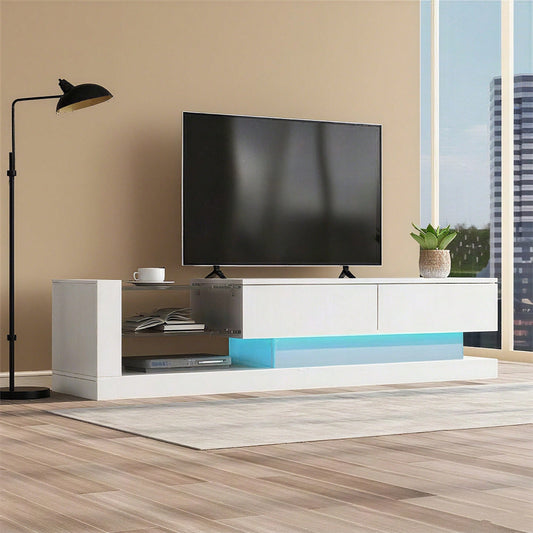 Stilvoller weißer Hochglanz-TV-Schrank - 1,4 Meter lang, 16-farbige LED-Beleuchtung, 60 Zoll TV-Fläche - ein Möbelstück, das Eleganz und Funktionalität vereint