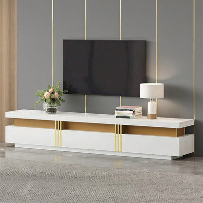 Moderner Lowboard TV-Schrank mit Marmor-Optik, TV-Board, TV-Kommode, 200 x 40 x 42 cm – Für Fernseher bis 90 Zoll, Drei Schubladen und 1 Kabelmanagement