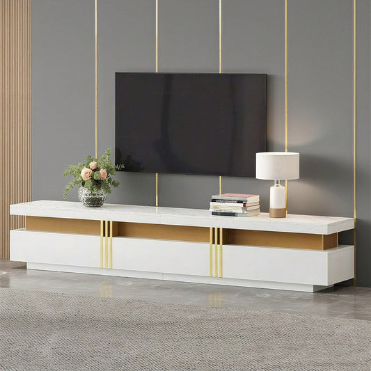 Moderner Lowboard TV-Schrank mit Marmor-Optik, TV-Board, TV-Kommode, 200 x 40 x 42 cm – Für Fernseher bis 90 Zoll, Drei Schubladen und 1 Kabelmanagement