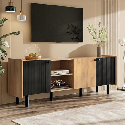 160 cm Schwarzer und Holzfarbener TV-Schrank – Moderner Stil mit Drei Türen und Zwei Offenen Fächern