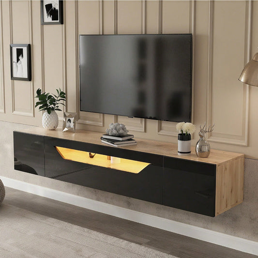 TV-Schrank 180x37x36 cm – Modernes Lowboard mit 3 Staufächern & schwebendem Hängeboard (Hochglanz) – Wandmontierbarer Fernsehtisch mit LED-Beleuchtung, passend für 75-Zoll-Fernseher (Schwarz + Naturholz-Optik)