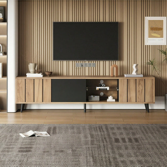 TV-Schrank Wohnzimmer 175x31.5x45cm | Massivholz Lowboard mit 3 Schubladen | Für bis zu 75-Zoll Fernseher | Modern in Holz & Schwarz