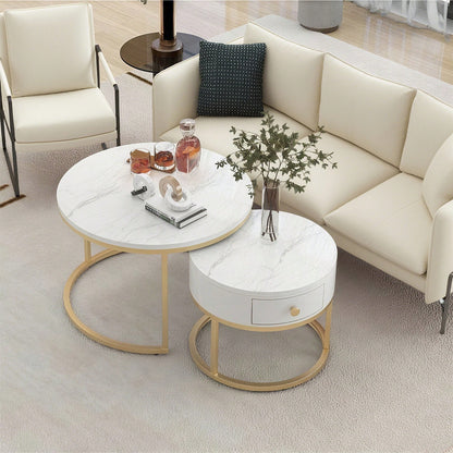 Moderner Nesting Couchtisch Hochglanz Marmormuster 2er Set runde Couchtische Runder Nested Beistelltisch