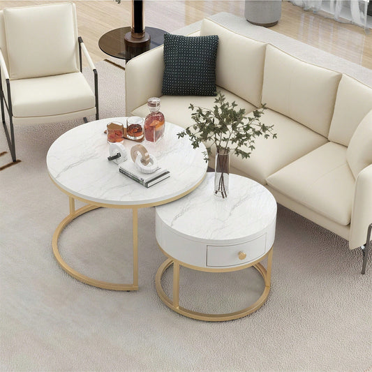 Moderner Nesting Couchtisch Hochglanz Marmormuster 2er Set runde Couchtische Runder Nested Beistelltisch
