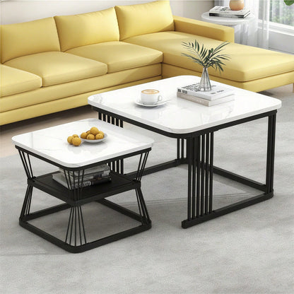 2er-Set moderne Beistelltische, MDF in Marmoroptik, Stahlrohr weiß hochglänzend schwarz, 2 Tische mit den Maßen 65x65x45 cm und 45x45x39,5 cm