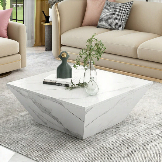 Moderner Trommel Couchtisch, Trapezförmiger weißer Marmorfurnier Couchtisch, Wohnzimmertisch 70*70*37cm