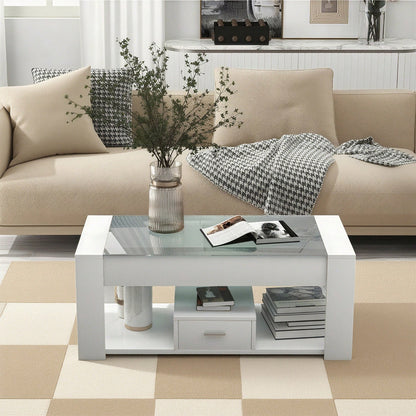 Wohnzimmer Couchtisch mit Glasplatte, Schließfächern und Stauraum, Weiß 100 x 50 x 40cm