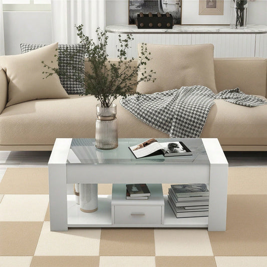 Wohnzimmer Couchtisch mit Glasplatte, Schließfächern und Stauraum, Weiß 100 x 50 x 40cm