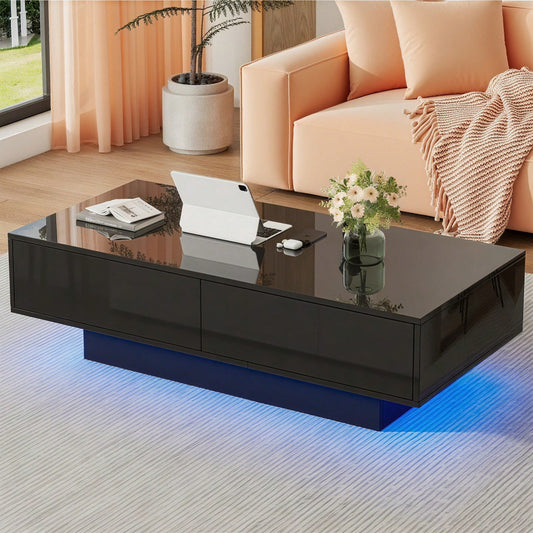 Moderner schwarzer Hochglanz-Couchtisch, 115 x 55 x 34 cm, mit 2 Schubladen, LED-Beleuchtung und 30 kg Belastbarkeit - Eleganter Wohnzimmer-Couchtisch