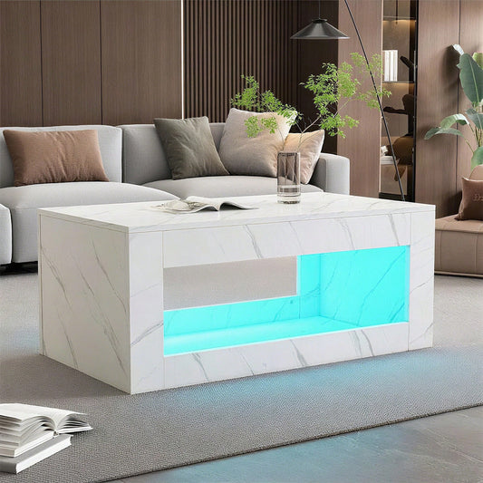 Moderner LED-Couchtisch, Couchtisch für Wohnzimmer, Sofatisch, Wohnzimmertisch,Hochglanz-Couchtisch mit Fernbedienung, großer Couchtisch mit Marmordruck (weiß