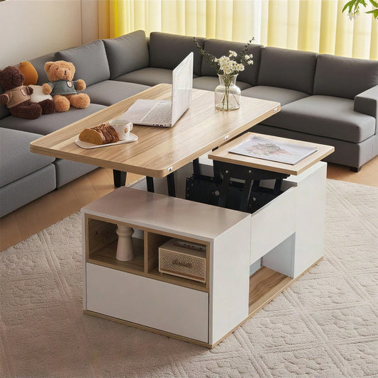Hebbarer Multifunktions-Couchtisch - Tischplatte öffnet sich zu 2 Tischen, Zwei Schubladen, Weiß + Originalholzfarbe, große Kapazität, Büro-Esstisch Freizeittisch Multifunktionstisch