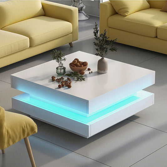 Weißer quadratischer Hochglanz-Couchtisch mit drehbarer Platte - Moderner Techno-Stil mit 16-farbigem LED-Licht, 70x70x36 cm