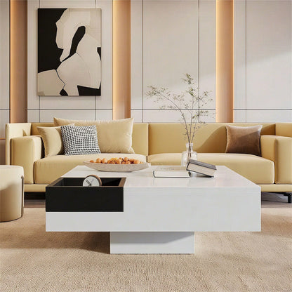 Couchtisch, Hochglanz-Wohnzimmertisch, Beistelltisch mit abnehmbarer Aufbewahrungsbox, Farbblockweiß und Schwarz, 72*72*30 cm, Mit LED-Lichteffekt