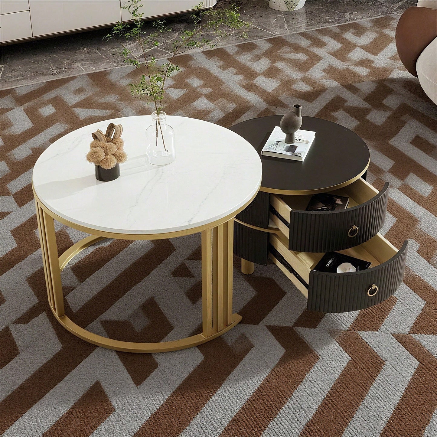 2-in-1 runder MDF-Couchtisch, Beistelltisch mit glänzender Platte und 1 weißer Marmorplatte, Wohnzimmer-Couchtischkombination mit 2 Schubladen, 70*70*46 + 50*50*40 cm