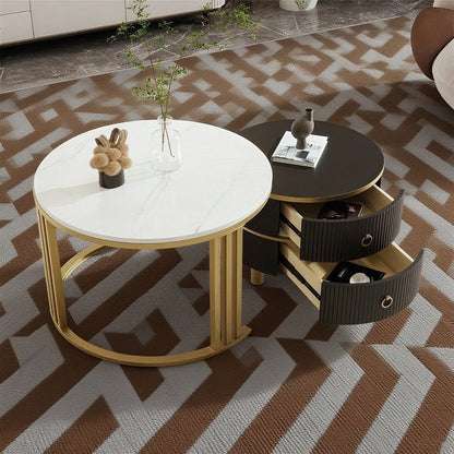 2-in-1 runder MDF-Couchtisch, Beistelltisch mit glänzender Platte und 1 weißer Marmorplatte, Wohnzimmer-Couchtischkombination mit 2 Schubladen, 70*70*46 + 50*50*40 cm