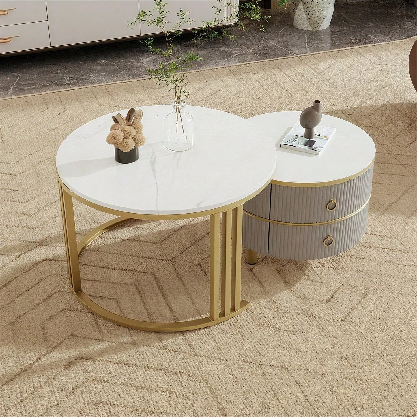 2-in-1 runder MDF-Couchtisch, Beistelltisch mit glänzender Platte und 1 weißer Marmorplatte, Wohnzimmer-Couchtischkombination mit 2 Schubladen, 70*70*46 + 50*50*40 cm