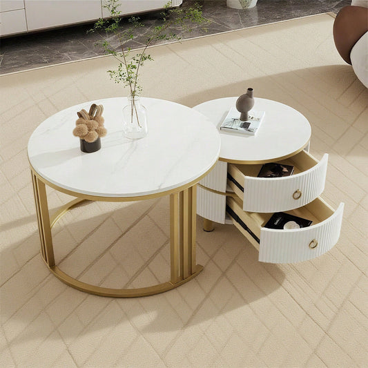 2-in-1 runder MDF-Couchtisch, Beistelltisch mit glänzender Platte und 1 weißer Marmorplatte, Wohnzimmer-Couchtischkombination mit 2 Schubladen, 70*70*46 + 50*50*40 cm