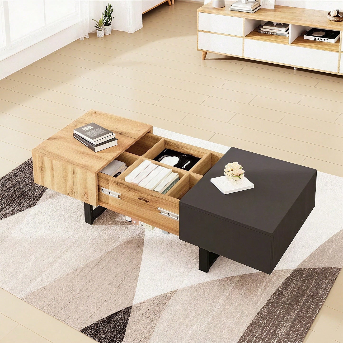 Multifunktionaler moderner verschiebbarer Couchtisch mit versteckter Aufbewahrung, hochwertiger Holz- und Metallhalterung, geeignet für Wohn- und Bürobereich, einfach zu installieren, 155 x 55 x 40 cm