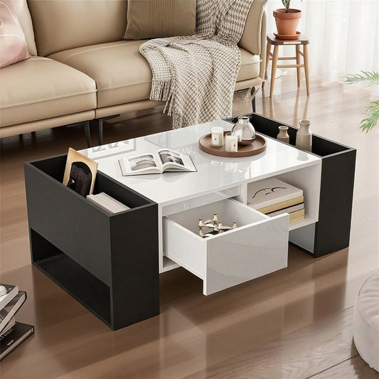 Moderner Couchtisch 105 x 60 x 40,5 cm – Schwarz-Weiß-Design mit hochglänzender Oberfläche, Schublade und 4 offenen Fächern
