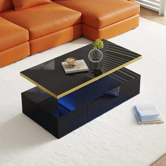 Couchtisch, Tisch mit Schubladen, Hochglanzlackierung, Beistelltisch mit zwei Ablageebenen. Mit LED-Licht