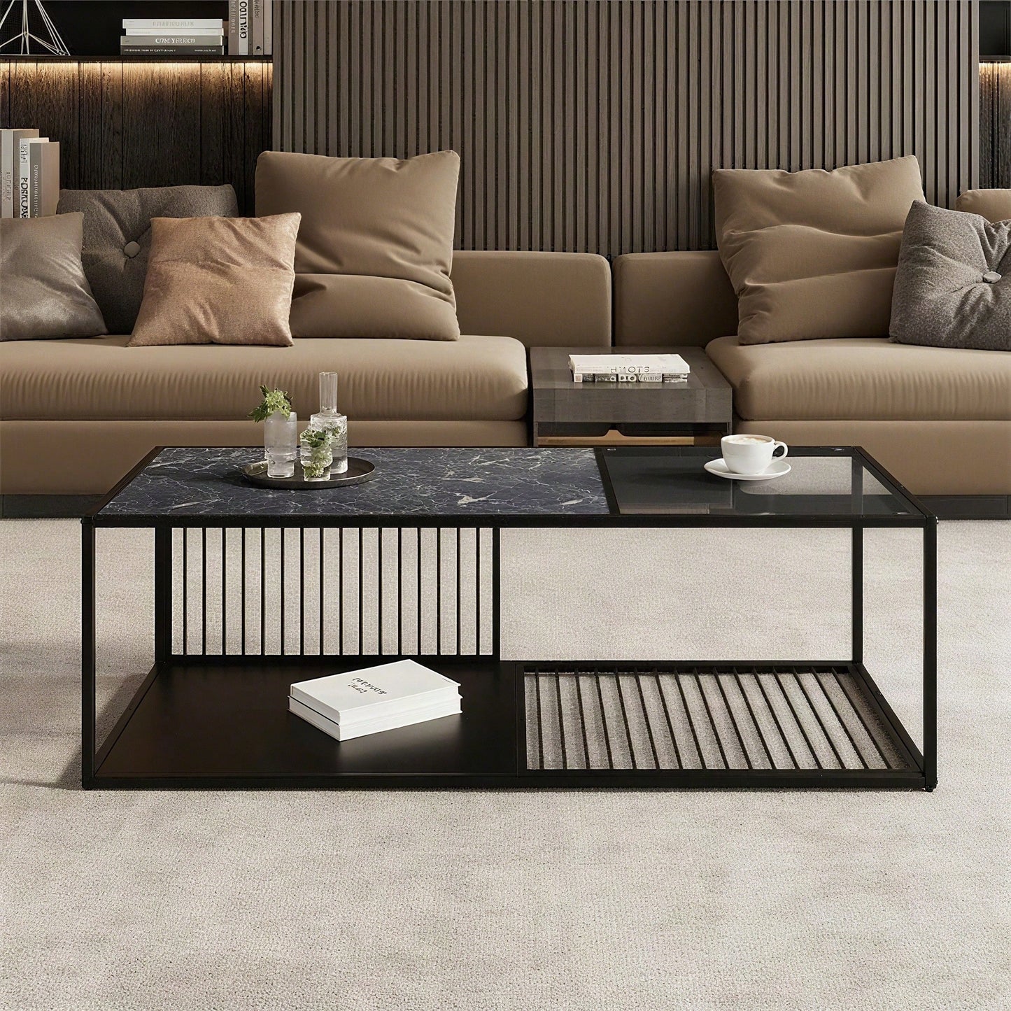 Couchtisch, Schmiedeeiserner Couchtisch mit Glas, großer Stauraum