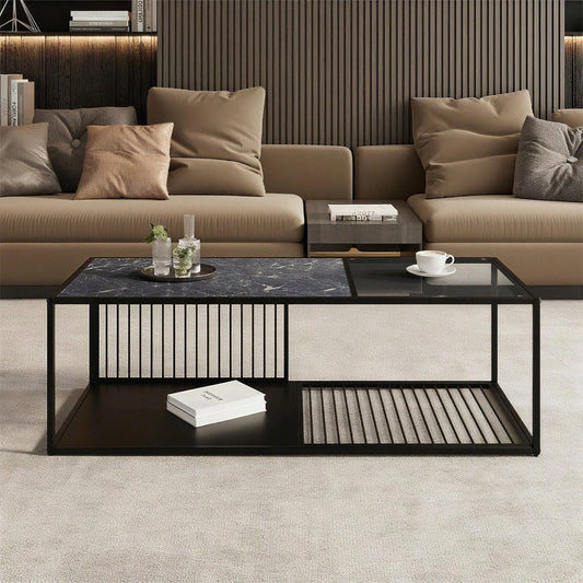 Couchtisch, Schmiedeeiserner Couchtisch mit Glas, großer Stauraum
