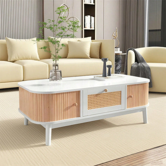 Couchtisch - Rattan-Kaffeetisch, Schubladen mit Rattan und Schiebetüren mit Massivholzlatten, Massivholzbeine, Natürlicher Landhausstil.