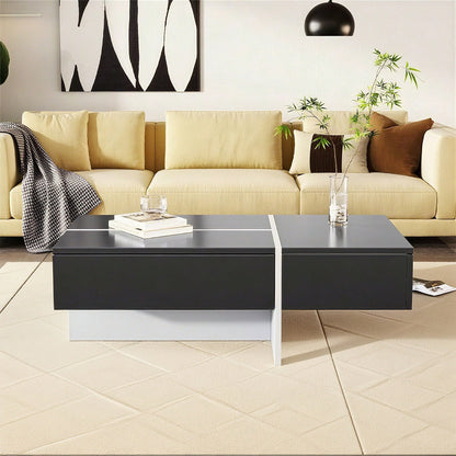 Hochglänzender Couchtisch, schwarz-weiße Colorblock-Struktur, Wohnzimmermöbel, 100*50*34,5cm, mit App-gesteuertem LED-Beleuchtungssystem