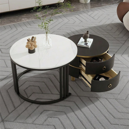 2-in-1 runder MDF-Couchtisch, Beistelltisch mit glänzender Platte und 1 weißer Marmorplatte, Wohnzimmer-Couchtischkombination mit 2 Schubladen, 70*70*46 + 50*50*40 cm