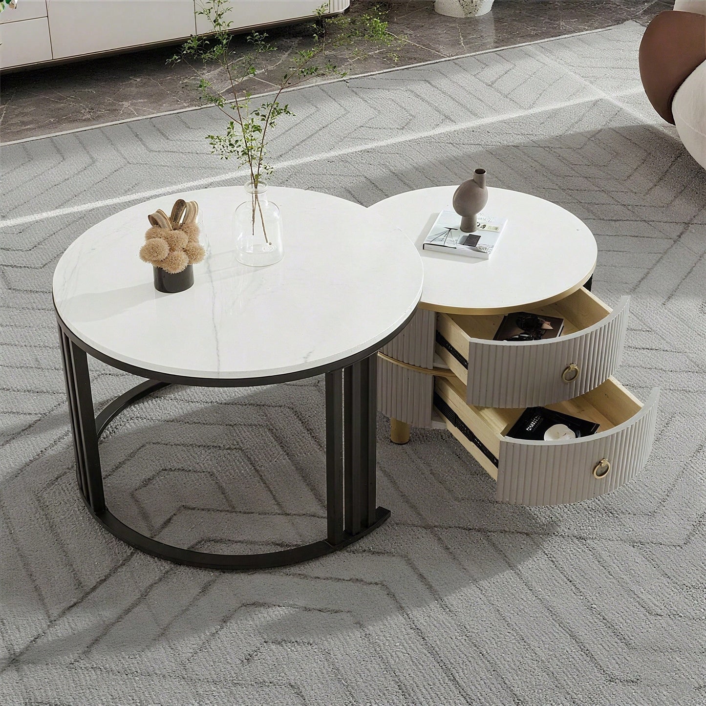 2-in-1 runder MDF-Couchtisch, Beistelltisch mit glänzender Platte und 1 weißer Marmorplatte, Wohnzimmer-Couchtischkombination mit 2 Schubladen, 70*70*46 + 50*50*40 cm