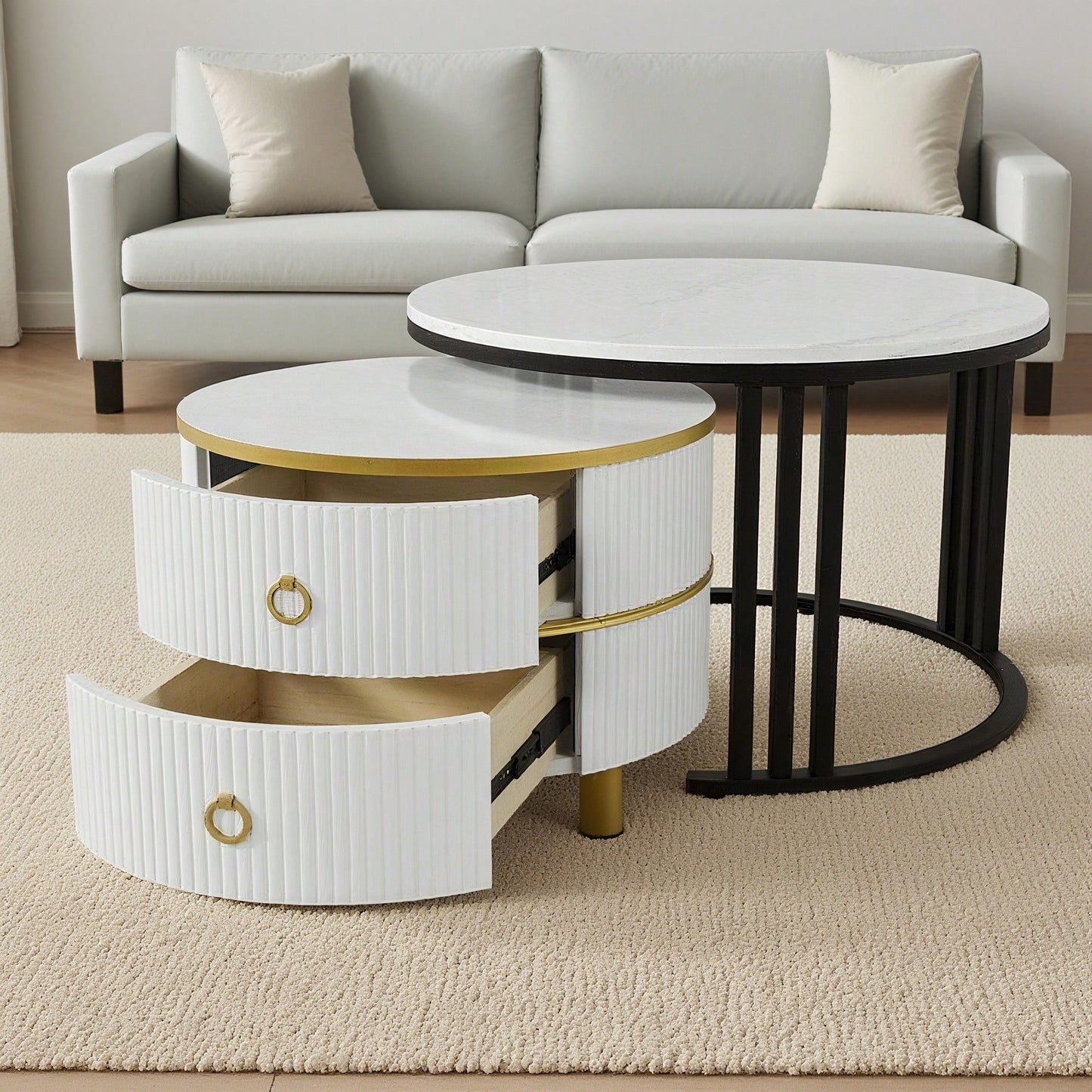 2-in-1 runder MDF-Couchtisch, Beistelltisch mit glänzender Platte und 1 weißer Marmorplatte, Wohnzimmer-Couchtischkombination mit 2 Schubladen, 70*70*46 + 50*50*40 cm