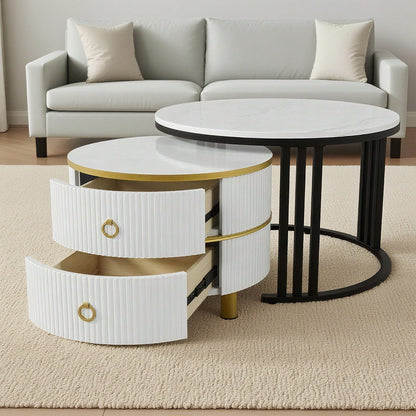 2-in-1 runder MDF-Couchtisch, Beistelltisch mit glänzender Platte und 1 weißer Marmorplatte, Wohnzimmer-Couchtischkombination mit 2 Schubladen, 70*70*46 + 50*50*40 cm