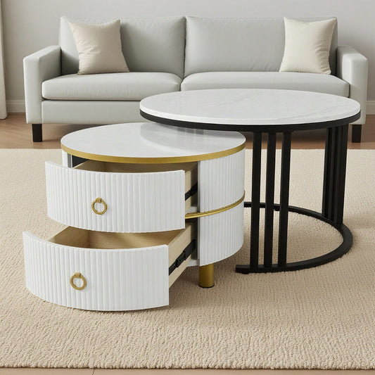 2-in-1 runder MDF-Couchtisch, Beistelltisch mit glänzender Platte und 1 weißer Marmorplatte, Wohnzimmer-Couchtischkombination mit 2 Schubladen, 70*70*46 + 50*50*40 cm