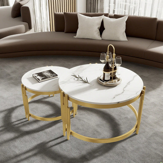 Moduliertes Couchtisch-Set, Marmoroptik, goldener Metallrahmen, runde Tische in zwei Größen