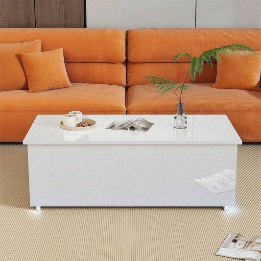 Moderner weißer Hochglanz-Couchtisch mit LED-Beleuchtung und verstecktem Stauraum - Beistelltisch mit hydraulischem Hub, 100*50*35 cm, 40 kg belastbar