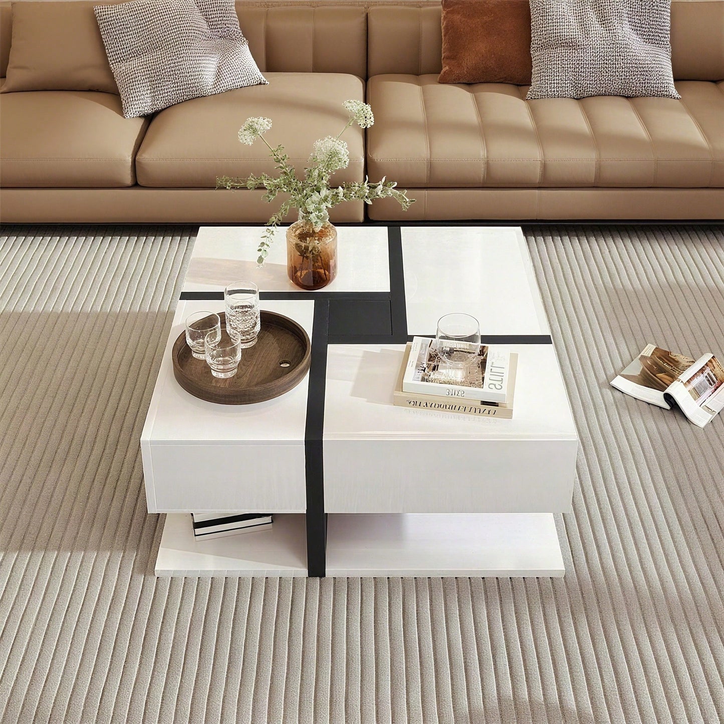 Hochglanz-Couchtisch, Tisch mit 4 Schubladen, einzigartige Farbabstimmung und Liniendesign, Stauraum unten. 78*78*36cm