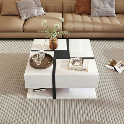 Hochglanz-Couchtisch, Tisch mit 4 Schubladen, einzigartige Farbabstimmung und Liniendesign, Stauraum unten. 78*78*36cm