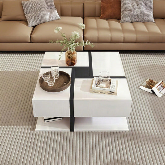 Hochglanz-Couchtisch, Tisch mit 4 Schubladen, einzigartige Farbabstimmung und Liniendesign, Stauraum unten. 78*78*36cm