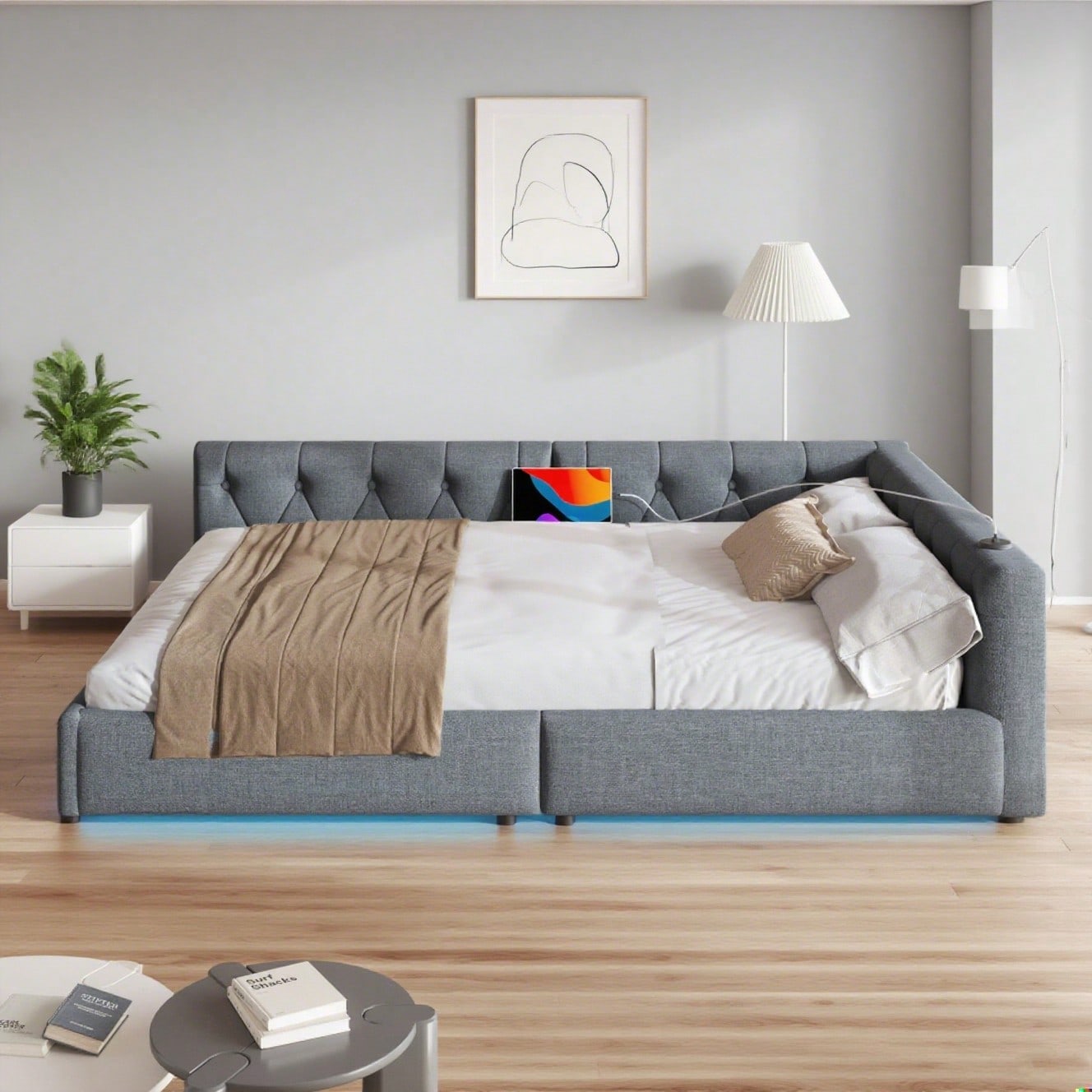 (=WX001034AAE)Schlafsofa, Daybett, Tagesbett, 140x200cm, Schlafsofa mit Lattenrost (ohne Matratze), Ambientebeleuchtung mit Fernbedienung, Kopfteil mit Knopftuft, Usb+Typ-c, Leinen, Grau