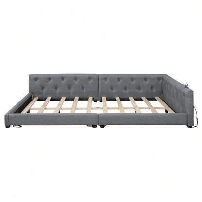 (=WX001034AAE)Schlafsofa, Daybett, Tagesbett, 140x200cm, Schlafsofa mit Lattenrost (ohne Matratze), Ambientebeleuchtung mit Fernbedienung, Kopfteil mit Knopftuft, Usb+Typ-c, Leinen, Grau